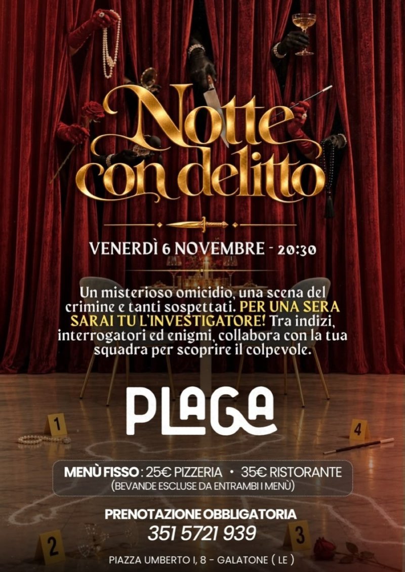 Notte con Delitto al Plaga a Galatone venerdì 6 novembre